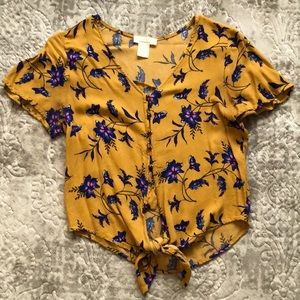 Mustard floral tie blouse. Size medium (fits true to size)